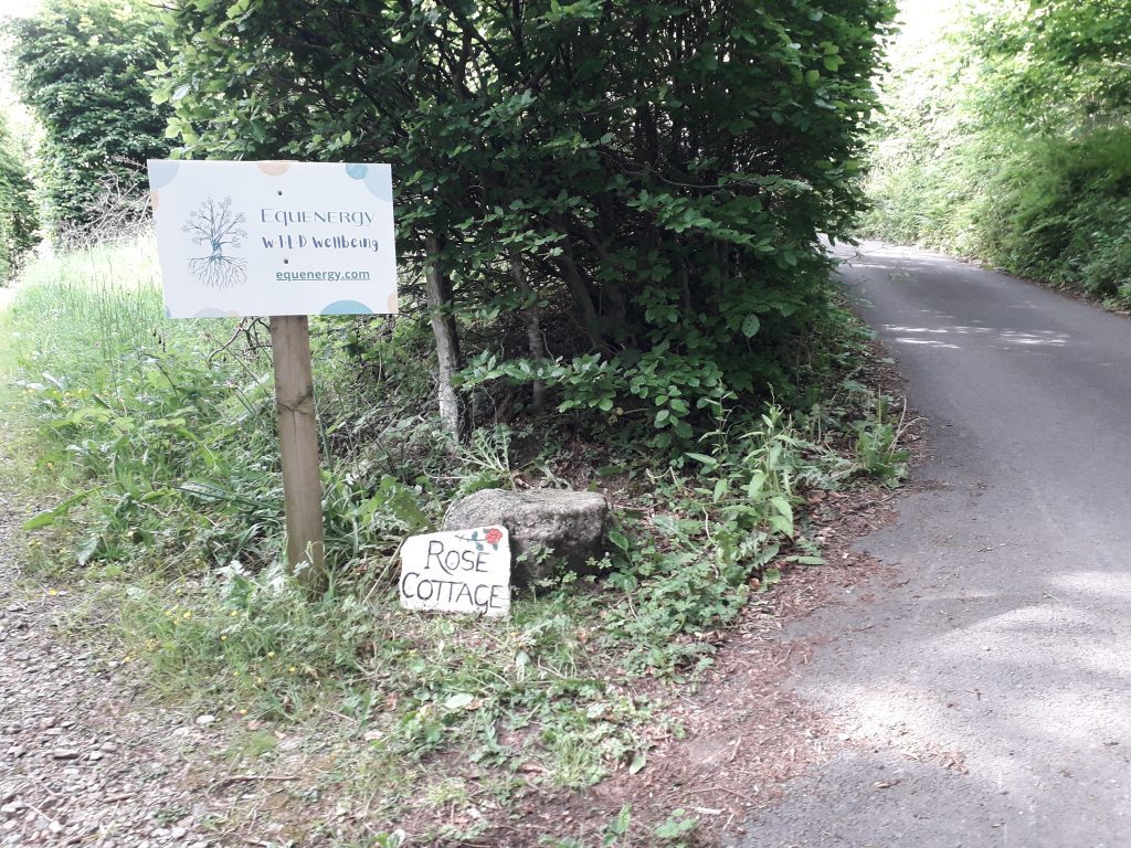 the entrance to W·I·L·D® Wellbeing showing the business sign, the painted stone identifying Rose Cottage and a little of Oak Lane. 