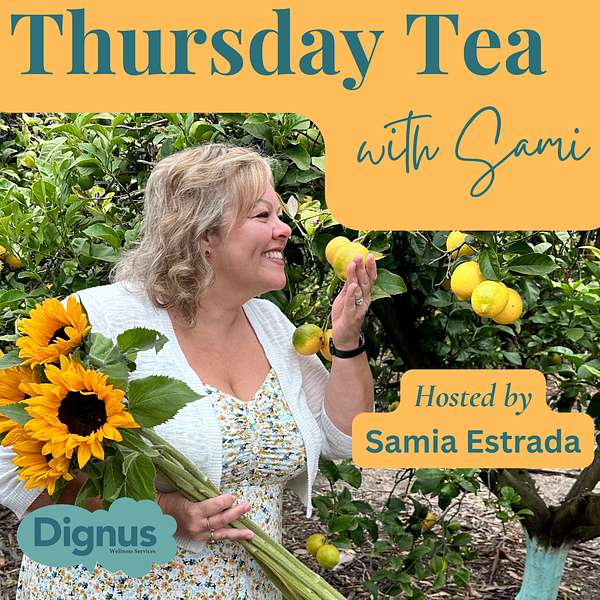 Thursday Tea with Sami: Samia Estrada in a garden holding a bunch of sunflowers